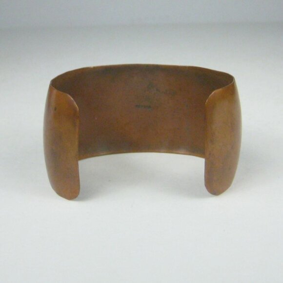 Vintage Mexican Copper Cuff Bracelet Inlaid Abalone Shell Gecko Mid Century WEAR - Picture 7 of 12